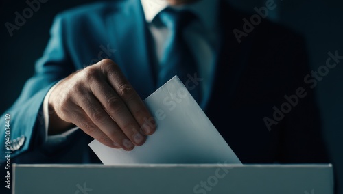 Man in Suit Casting Vote in Ballot Box.