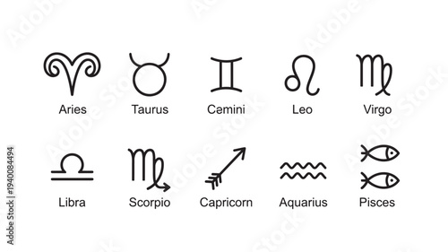 Zodiac symbols collection featuring Aries, Taurus, Gemini, Leo, Virgo, Libra, Scorpio, Capricorn, Aquarius, and Pisces icons on a white background