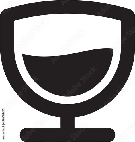 Minimalist black and white wine glass icon with liquid inside for modern cafe or bar brand logo design.