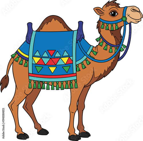 Friendly dromedary camel vector illustration with colorful traditional saddle blanket and decorative tassels isolated on white background for travel and cultural design projects