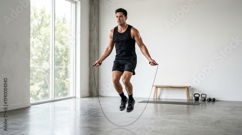Man jumping rope in gym, Man in black workout gear jumping rope in a modern gym with large windows and exercise equipment