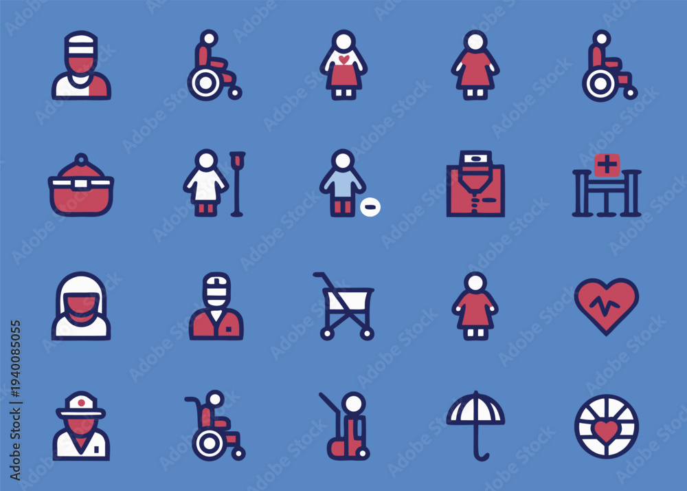Fototapeta premium Set of twenty colorful health and elderly care icons showcasing various people figures medical facilities and mobility aids arranged on a blue background.