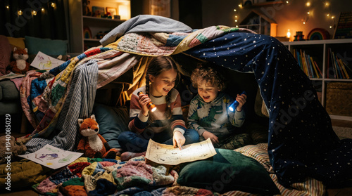 Children engaged in playful reading under blankets in a cozy indoor setting with soft toys and warm lighting