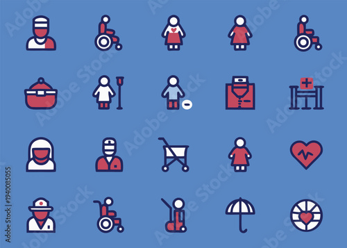 Set of twenty colorful health and elderly care icons showcasing various people figures medical facilities and mobility aids arranged on a blue background.