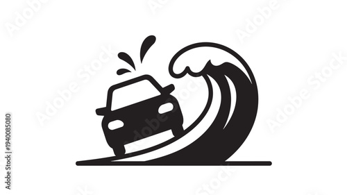 Car icon being swept away by a large black wave, symbolizing flood danger. featuring water, tsunami, natural disaster with accident and submerged