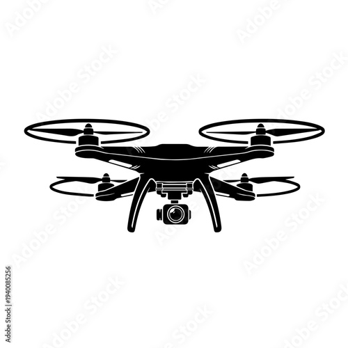 Drone quadcopter silhouette with camera, aerial photography icon
