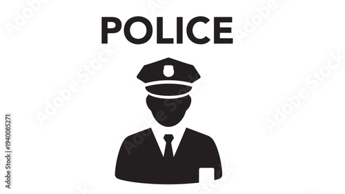 Police officer icon with a cap and badge, representing law enforcement and authority in a simple black silhouette style.