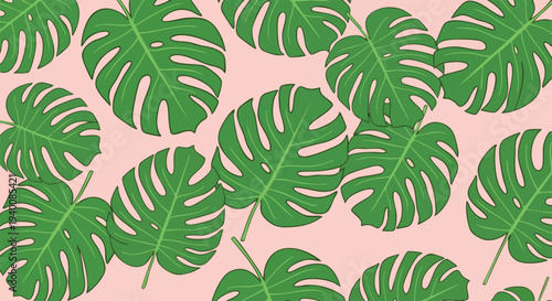 Seamless Vector Pattern with Green Monstera Deliciosa Leaves on a Light Pink Background, Ideal for Tropical Nature-Themed Designs, Textiles, and Digital Graphics