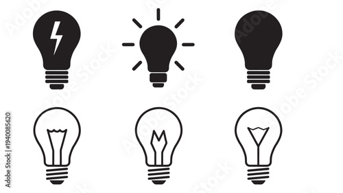 Light bulbs icons set with different styles of solid fill and outline designs for creative ideas and inspiration