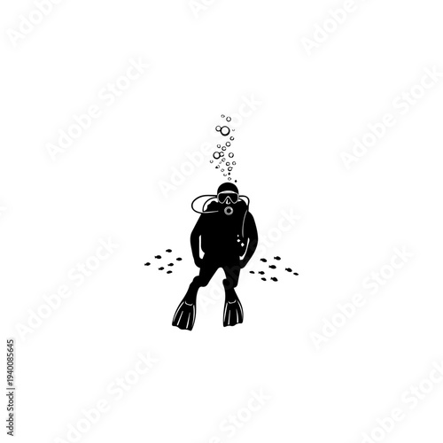 Scuba diver silhouette with bubbles and fish, underwater exploration icon.