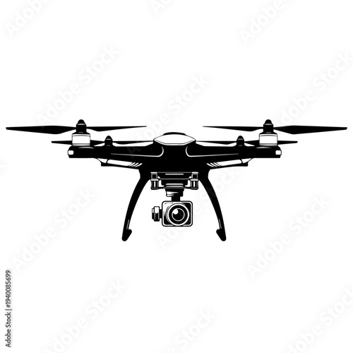 Drone quadcopter silhouette with camera, aerial photography icon