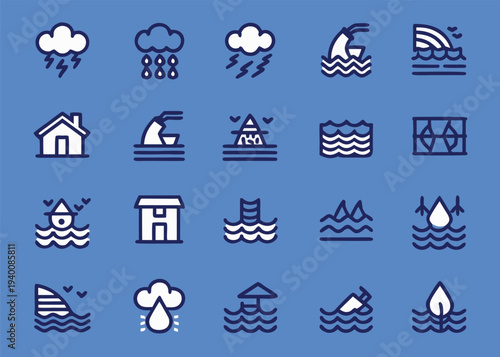 Twenty blue and white line icons depicting various water hazards and flooding scenarios arranged in a grid on a solid blue background.
