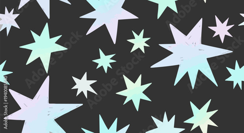 Seamless Vector Pattern with Iridescent Pastel Stars on Dark Gray Background, Ideal for Festive, Celestial, or Magical Designs and Digital Paper