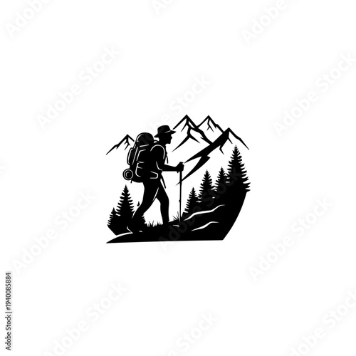 Hiker silhouette with backpack trekking in mountains, adventure concept.