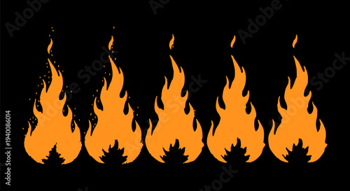 Set of 5 orange and yellow cartoon-style fire flames vector illustrations on a black background, ideal for danger, heat, or energy concepts