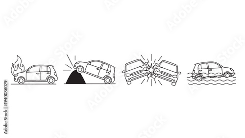 Cars in various accident and damage scenarios including fire, driving off an incline, collision, and water submersion.