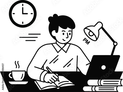 A woman studies at her desk with laptop and books at night with a clock