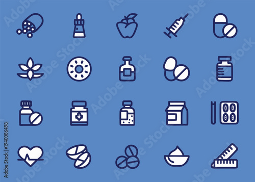 A set of twenty health and medical icons depicting pills syringes medicine bottles and a heart pulse are centered on a solid medium blue background.