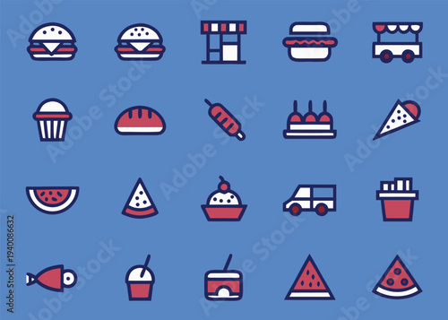 A grid of twenty icons for street food vending displays burgers pizza watermelon and small trucks with distinct red accents on a solid blue background.
