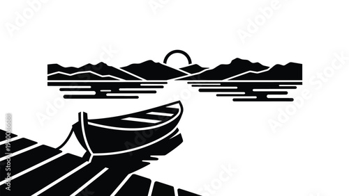 A serene lake scene at sunset with a docked boat on a peaceful mountain lake.