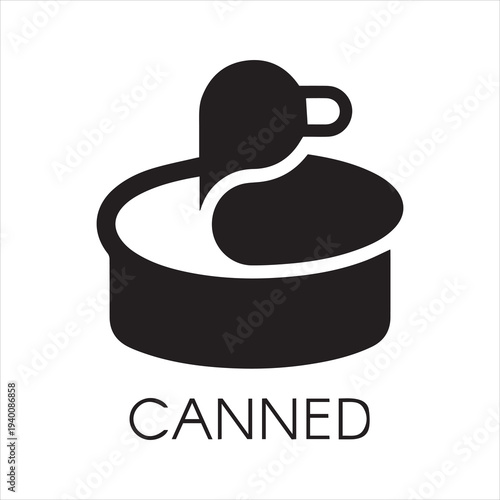 Tin can icon in glyph style. Stew or canned product - ration for military or tourists goods concept label. Black nutrition emblem. Vector illustration preserve or conserve logo