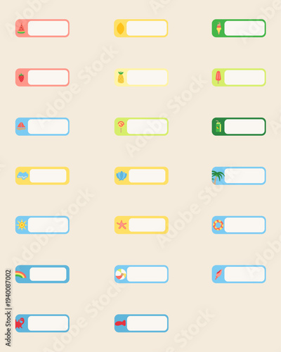 Cute Summer Kids Name Label Stickers Set with Fruit, Dessert and Beach Icons