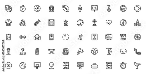 Sports icon set. Vector fitness symbols pack. Includes gym, soccer, basketball, trophy, medal, stopwatch, equipment and more. Editable thin line icons.