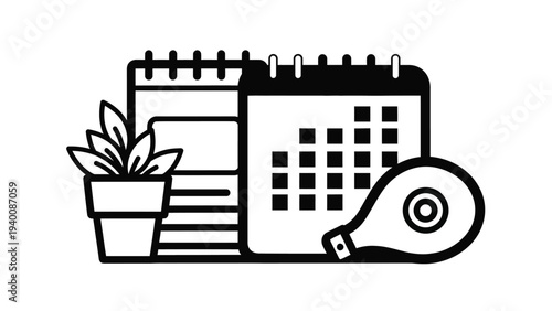 A calendar, plant, and tape measure on a table, viewed from directly above, showcasing organization and planning, like wqe (455) setup