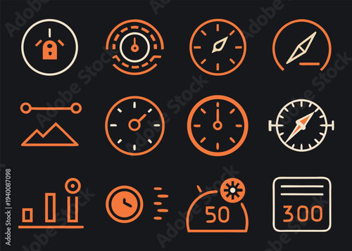 Twelve orange vector line icons illustrating different types of meters and gauges like compasses and bar charts are set against a dark background.