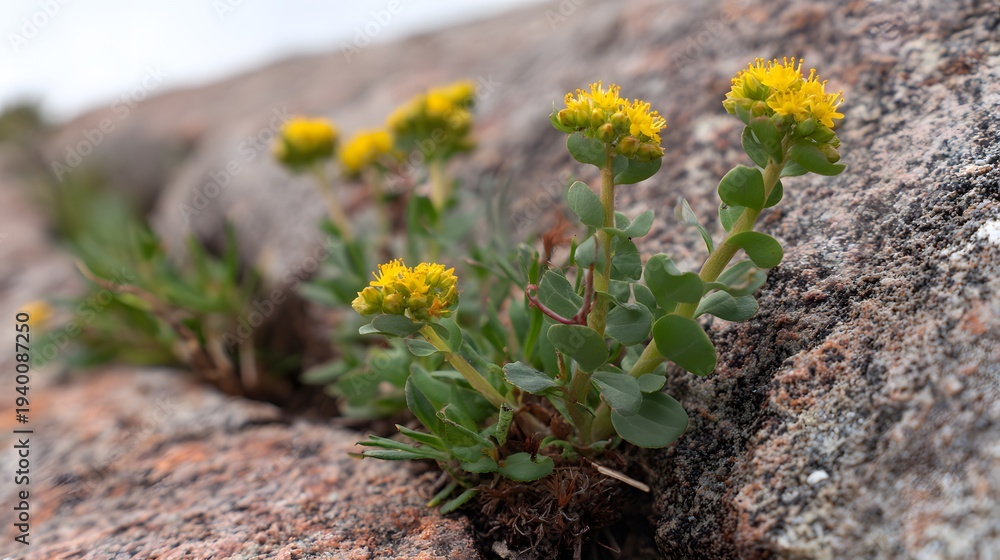 Obraz premium rhodiola. Rhodiola plants with yellow flowers growing from a crack in high-altitude granite. gardening catalogs, home-decor guides, designed for gardening and botanical catalogs.