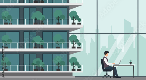 Businessman working on laptop in modern office with green balconies and city view