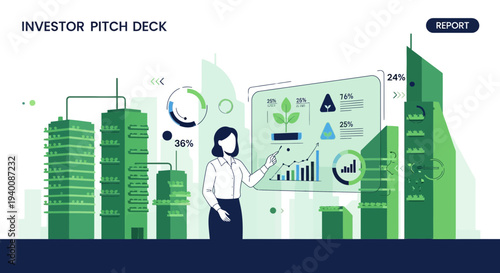 Businesswoman presenting growth strategy with data charts and futuristic city skyline