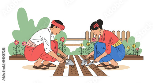 Couple planting seeds in garden rows, organic farming, sustainable lifestyle, spring gardening