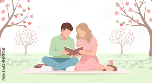 Couple reading a book on a picnic blanket under blooming trees in spring