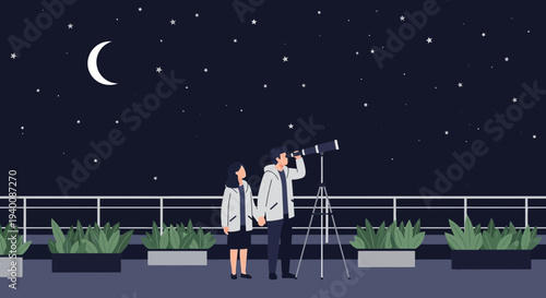 Couple stargazing with telescope on rooftop under starry night sky with moon