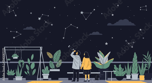 Couple stargazing on rooftop with telescope, surrounded by plants, under starry sky