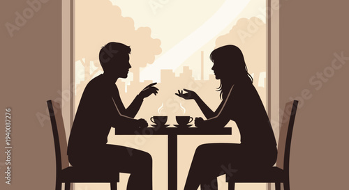 Couple silhouetted at cafe table, enjoying coffee and conversation