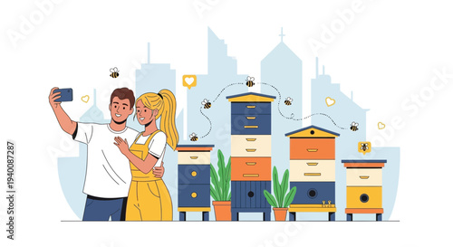Couple Taking Selfie with Beehives in Urban Garden