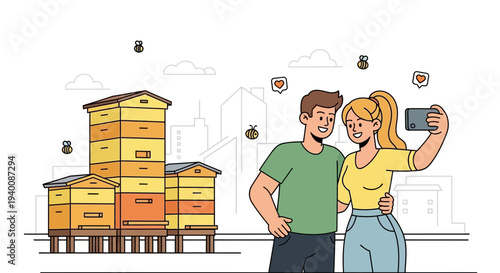 Couple taking selfie with beehives in city, urban beekeeping lifestyle