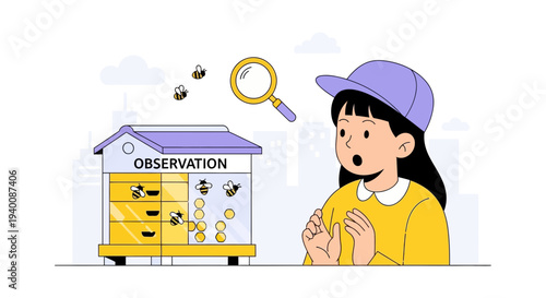 Curious child observes bees in observation hive with magnifying glass, learning about nature