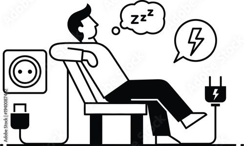 Man sitting in chair plugged into outlet sleeping zzz with power surge