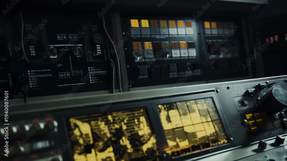 Vintage control panel with multiple screens displaying complex data and ...