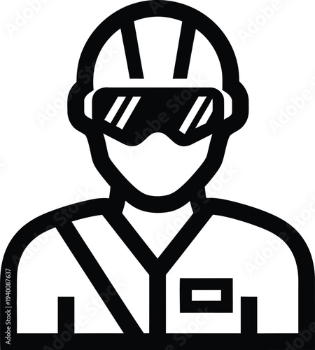 Worker wearing protective gear and safety glasses illustrated in simple graphic style wqe reference