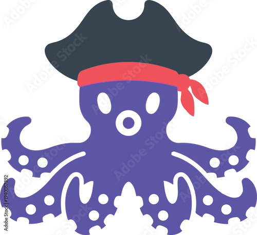 Cute Pirate Octopus Cartoon Vector Illustration with Hat and Bandana for Kids and Nautical Designs