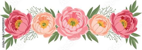 Watercolor Peony Floral Border with Pink and Peach Flowers for Wedding Invitations and Spring Designs