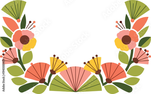 Colorful floral wreath border with retro flowers and leaves for invitations and greeting cards
