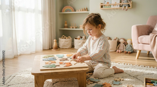 A young child playing with puzzle pieces on a low table in a serene indoor playroom with natural light and soft furnishings