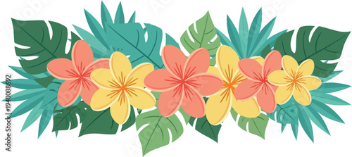 Tropical floral border with colorful hibiscus flowers and green palm leaves, summer vector illustration