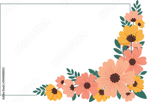 Floral border frame with pastel orange and yellow flowers for invitations and greeting cards