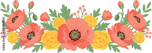 Spring Floral Border with Pink Poppies and Yellow Roses in Watercolor Style for Invitations and Decor